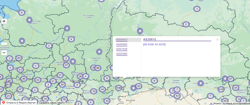 Рис.1 Отображение автономных систем в виде точек на карте